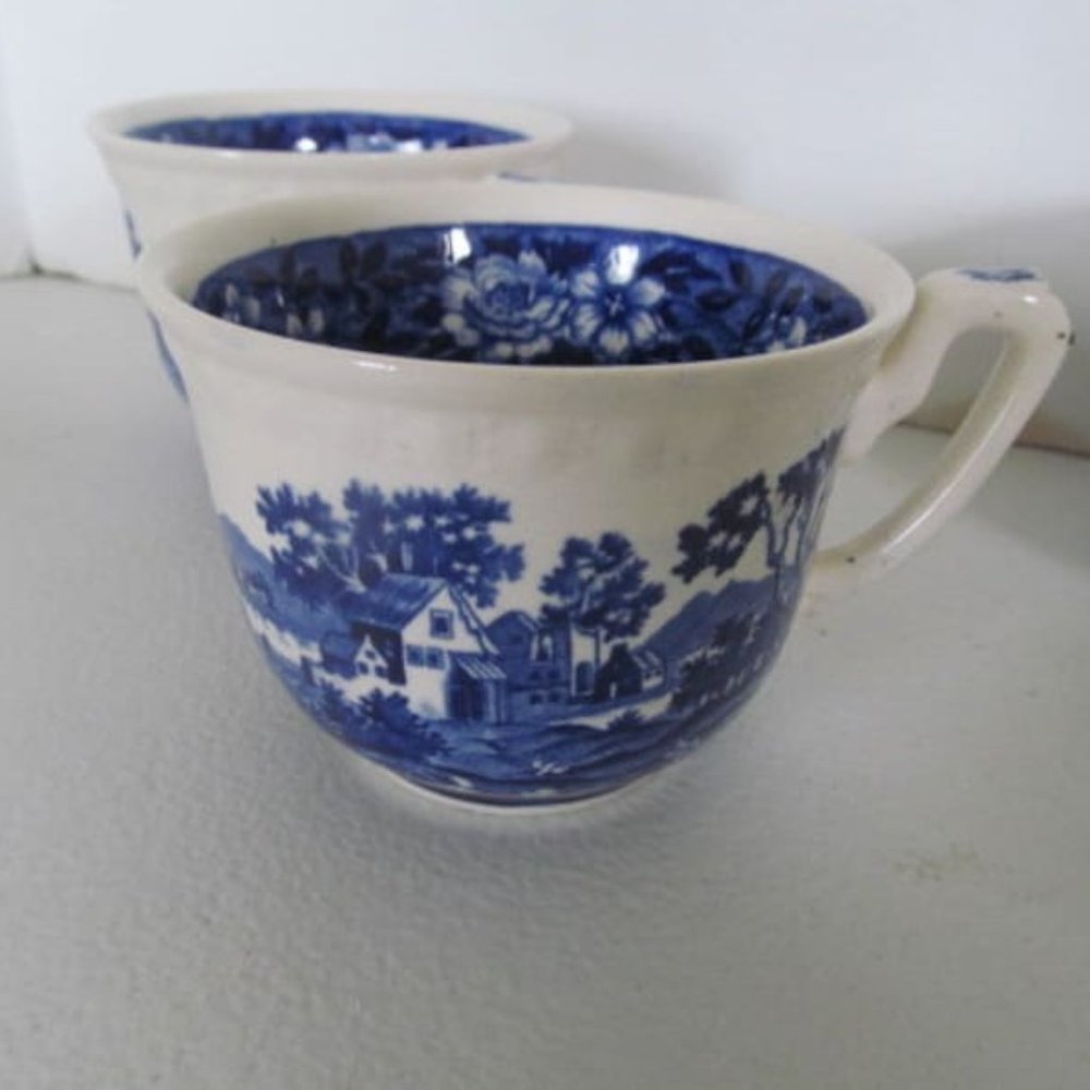 Set of 4 Blue Transferware Tea Cups set Villeroy & Boch Germany Saar Rusticana - Picture 3 of 7